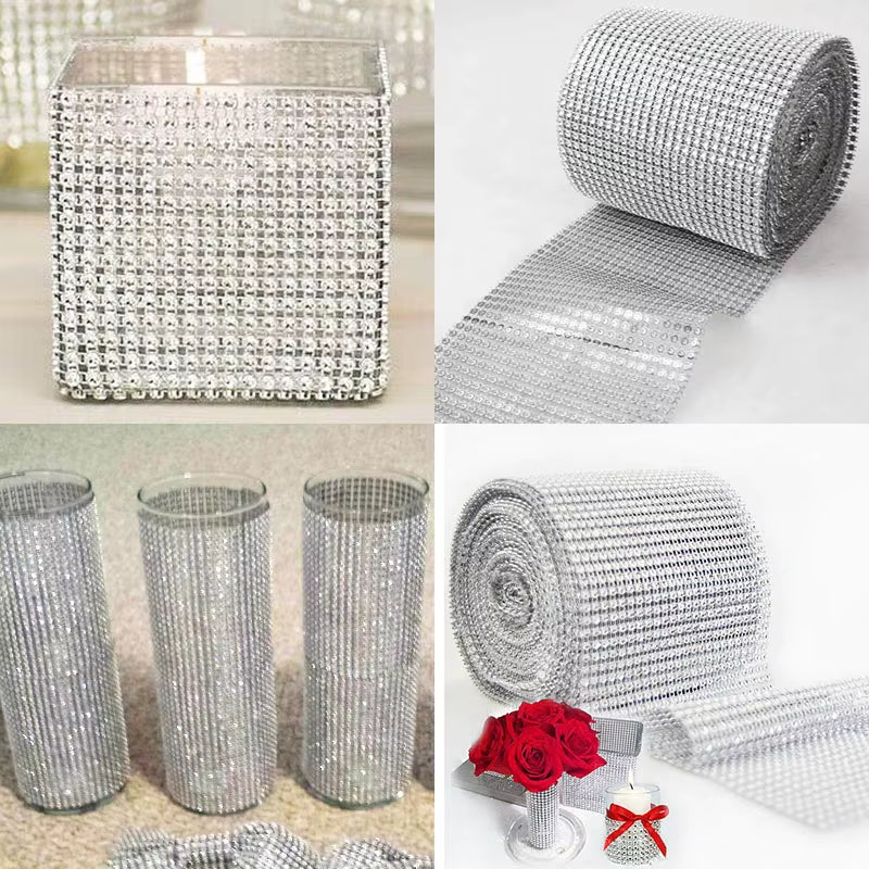 1Roll 8/24 Rows Gold Silver Crystal Diamond Mesh Rhinestone Ribbon for Birthday Wedding DIY Decoration Cake Wrap Crystal Tulle