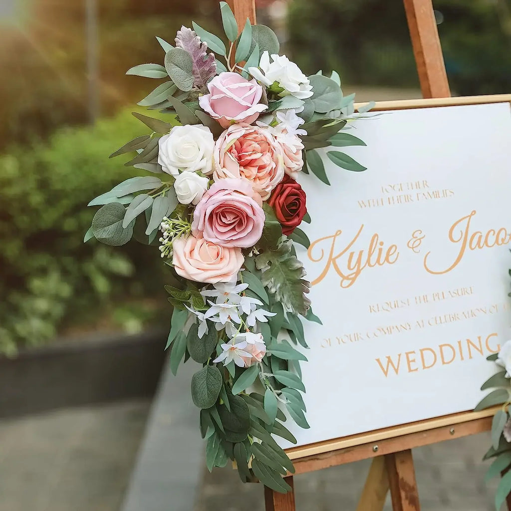 2Pcs Artificial Wedding Arch Flowers Boho Style Gray Pink Blue Eucalyptus Garland Curtains Wedding Welcome Sign Decoration