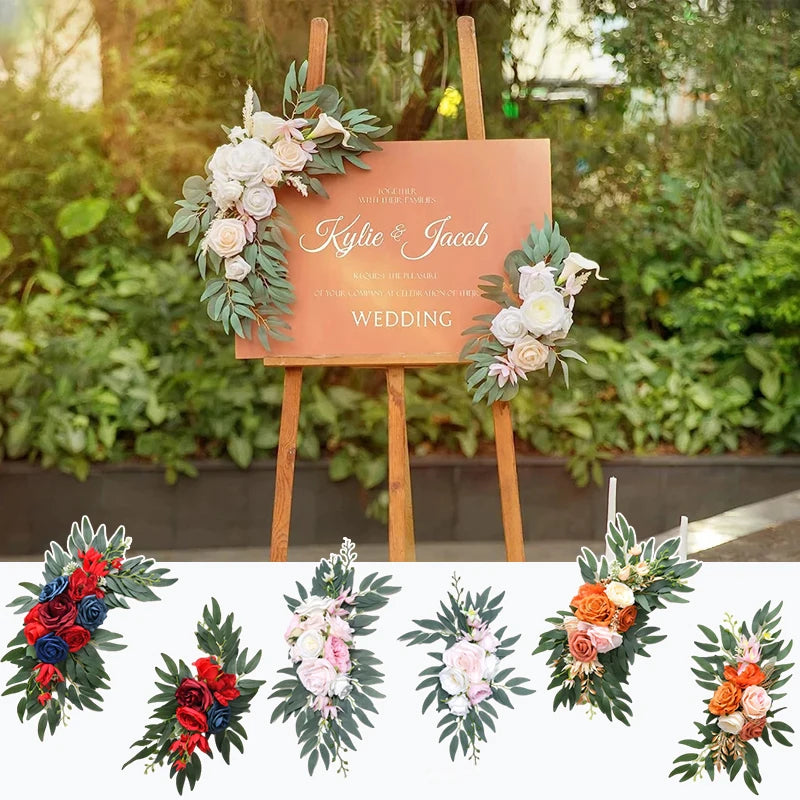 2Pcs Artificial Wedding Arch Flowers Boho Style Gray Pink Blue Eucalyptus Garland Curtains Wedding Welcome Sign Decoration