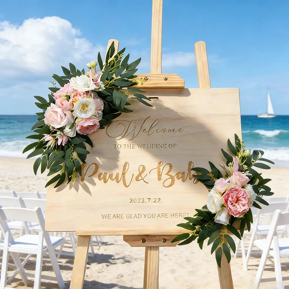 2Pcs Artificial Wedding Arch Flowers Boho Style Gray Pink Blue Eucalyptus Garland Curtains Wedding Welcome Sign Decoration